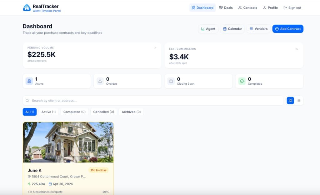 RealTracker dashboard showing active deals and upcoming deadlines